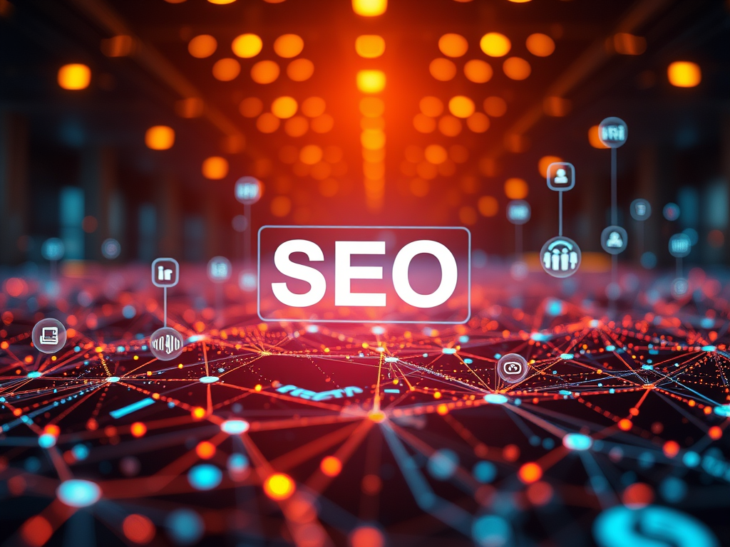 AI in SEO concept illustration showing the word “SEO” glowing within a digital network of AI data connections, representing artificial intelligence transforming modern search optimisation.