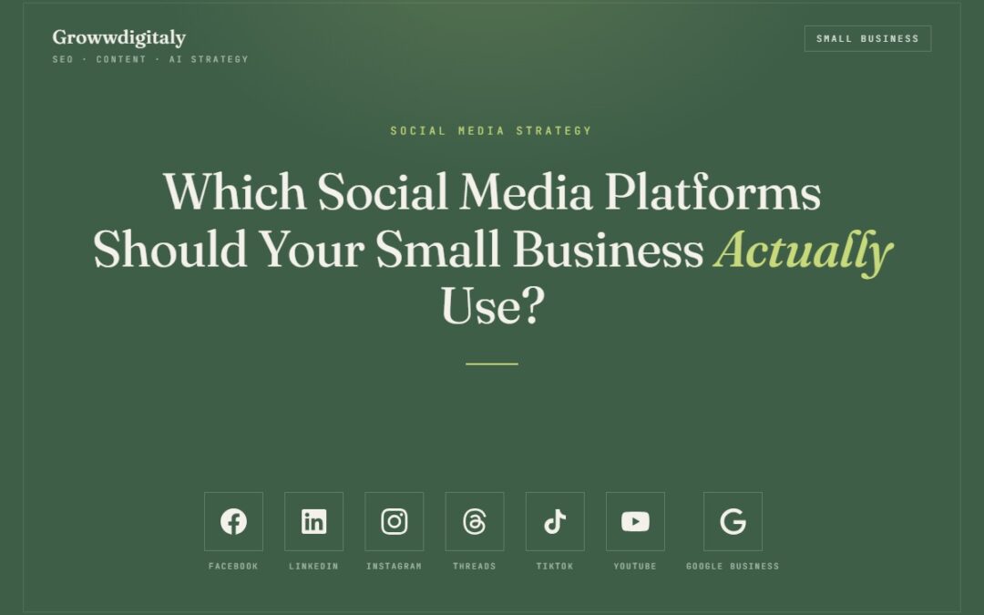 Which social media platforms should your small business actually use, featured guide by Shweta Gupta Growwdigitaly, showing Facebook, LinkedIn, Instagram, Threads, TikTok, YouTube and Google Business icons