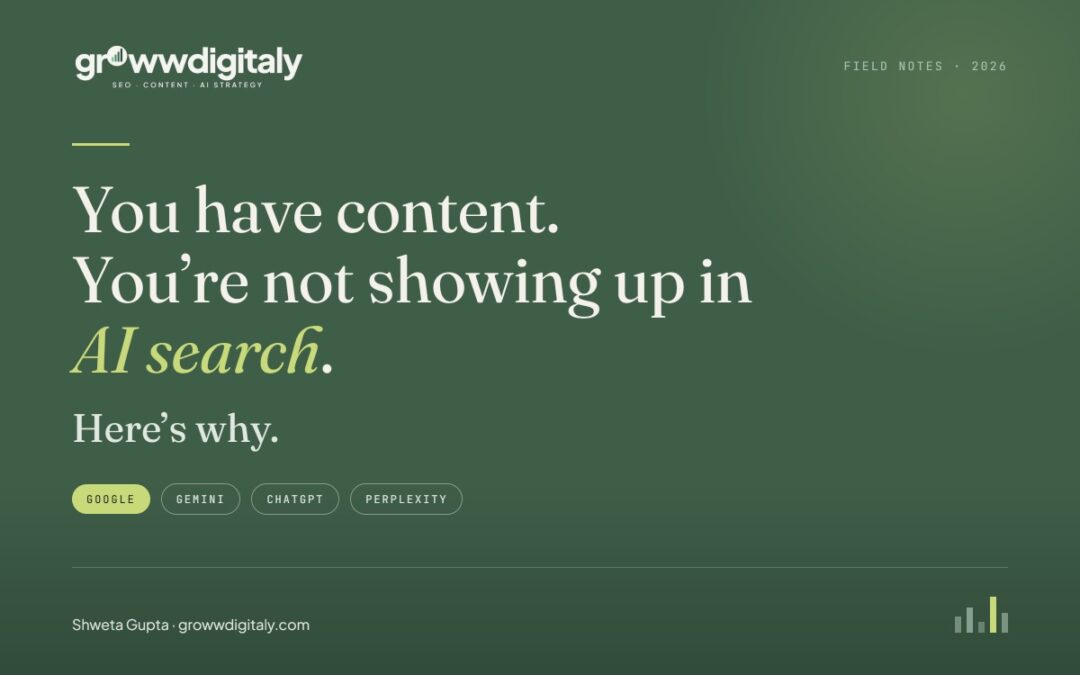 Not showing up in AI search: Growwdigitaly field notes cover by Shweta Gupta on Google, ChatGPT and Perplexity visibility